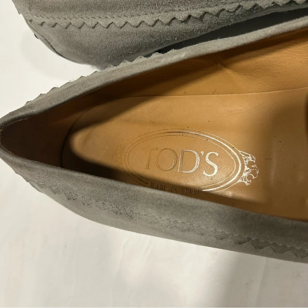 TOD’S Suede Leather Driving Loafers Rhinestone Crystal Buckle, Gray, Sz 9.5 - Picture 8 of 14